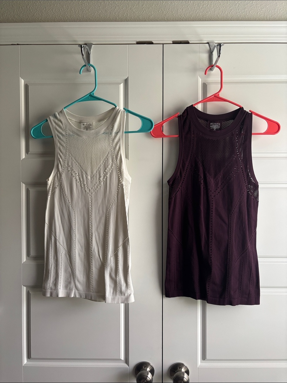 Athleta Oxygen Tank Tops in White and Deep Plum